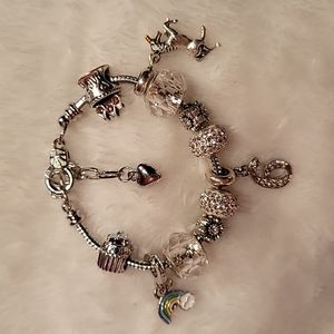 Never Worn, Girls Birthday (6) Charm Bracelet, Silver w/Crystals, Adjust. Clasp